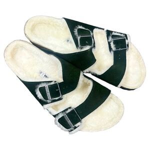 Sz 46 Birkenstock Men’s Forest Green Shearling Suede Shearling Slide Sandals